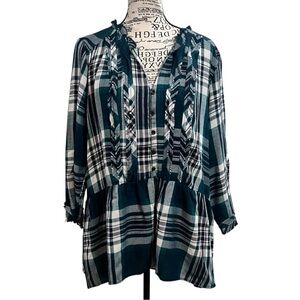 Knox Rose Green Plaid Ruffle Blouse